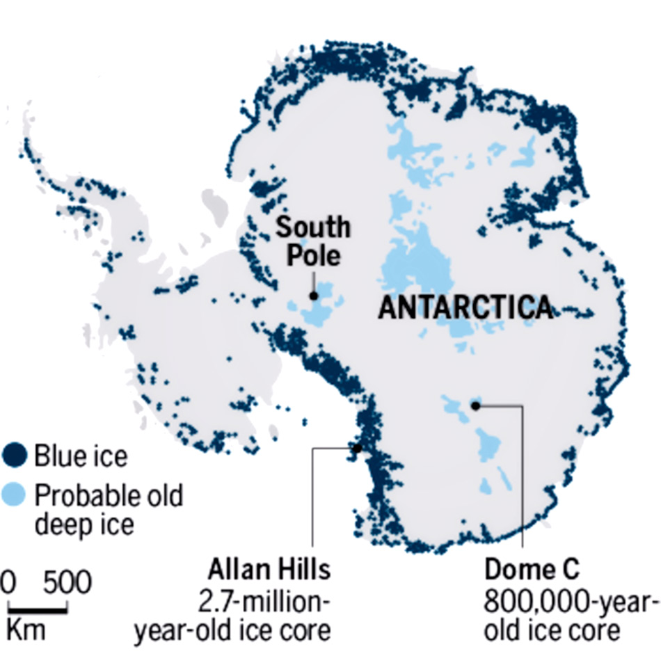Die Karte zeigt Gebiete, wo blaues Eis in der Antarktis liegt. Nur rund 1% des Kontinents weist solche Gebiete auf. Karte: Norwegian Polar Institute