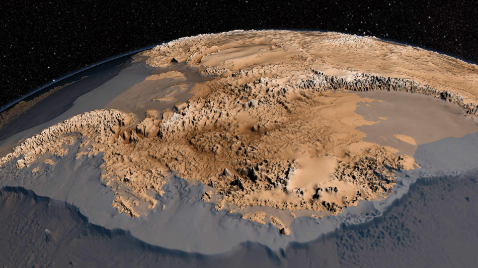 Diese hochaufgelöste Karte zeigt die Topographie unter den Gletschern Antarktikas. Man nimmt an, dass viele der Gebiete eisfrei sind und sogar Wasser durch Flussbette fliessen könnte. Bild: NASA