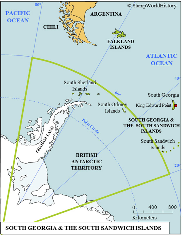 Südgeorgien und die Süd-Sandwich-Inseln gehören zum britischen Überseegebiet im Süd-Atlantik. Südgeorgien ist 165 Kilometer lang und 1 bis 35 Kilometer breit. Die Gewässer um Südgeorgien herum beherbergen eine der gröβten Artenvielfalten der Welt. (Credit: Stamp World History)