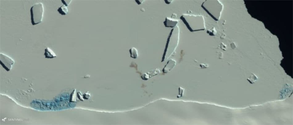 Die rotbraunen Guano-Flecken auf dem Eis zeigen die Existenz einer Kaiserpinguinkolonie. Bild vom Copernicus Sentinel-2 Satelliten der Europäischen Kommission (Bild via BAS)
