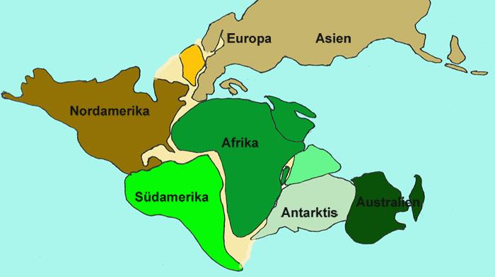 Gondwana umfasste vor ca. 40 Millionen Jahre die damals in einer Landmasse zusammenhängenden Kontinente Südamerika, Afrika, Antarktis, Australien, Madagaskar und Indien.