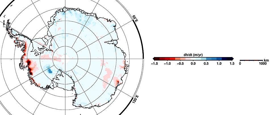 Karte der Höhenveränderungen in der Antarktis für den Zeitraum Januar 2011 bis Januar 2014. Die roten Flächen markieren Regionen, in denen die Gletscher in den zurückliegenden drei Jahren an Volumen eingebüßt haben, in den blau schraffierten Regionen sind die Gletscher gewachsen.