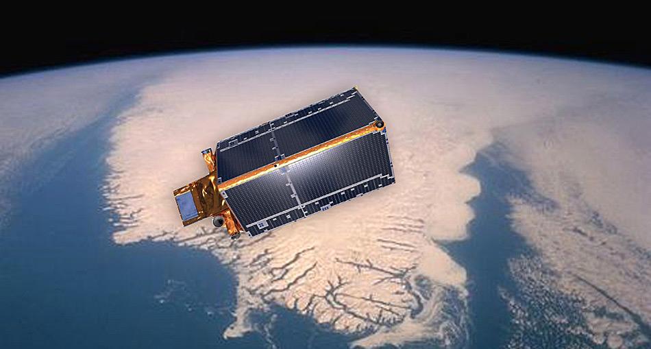 Der Satellit «CryoSat-2» über Grönland. Gestartet wurde der Satellit am 8. April 2010. Die Mission war zunächst auf drei Jahre ausgelegt, sie wurde aber wegen des guten Zustands des Satelliten und der hohen Qualität der gewonnen Daten bis 2017Vorlage:Zukunft/In 3 Jahren verlängert.