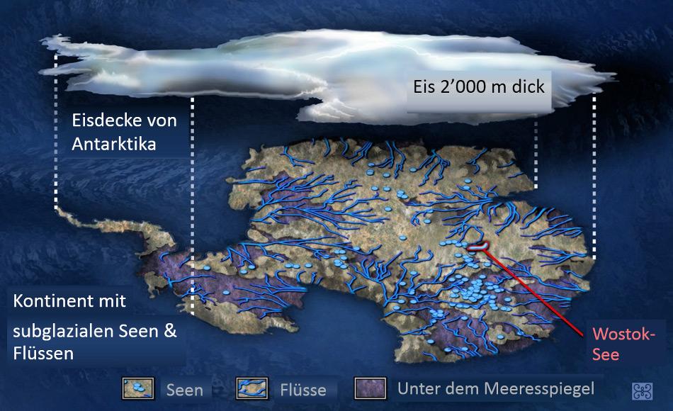 Eine künstlerische Darstellung des antarktischen hydrologischen Systems, von dem Wissenschaftler glauben, dass es unter dem antarktischen Eisschild begraben liegt. (Credit: Zina Deretsky, National Science Foundation)