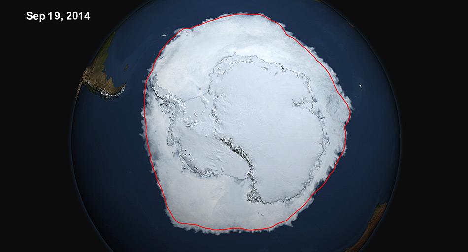 Am 19. September 2014 Ã¼bertraf die 5-Tages-Durchschnittsmenge der antarktischen Meereisausdehnung die 20 Millionen Quadratkilometer-Marke. Dies zum ersten Mal seit 1979, gemÃ¤ss dem US-Nationalen Schnee- und Eisdatenzentrums. Die rote Linie zeigt die Durchschnittsausbreitung zwischen 1979 â 2014. Bild: NASA Scientific Visualization Studie/Cindy Starr