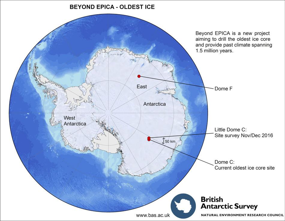 Für die Standortwahl der Eisbohrung konzentrieren sich die Wissenschaftler des BE-OI Teams auf zwei Gebiete, dort hoffen sie das älteste Eis der Erde zu finden: Dome C und Dome F in der Ostantarktis (Bild: British Antarctic Survey)