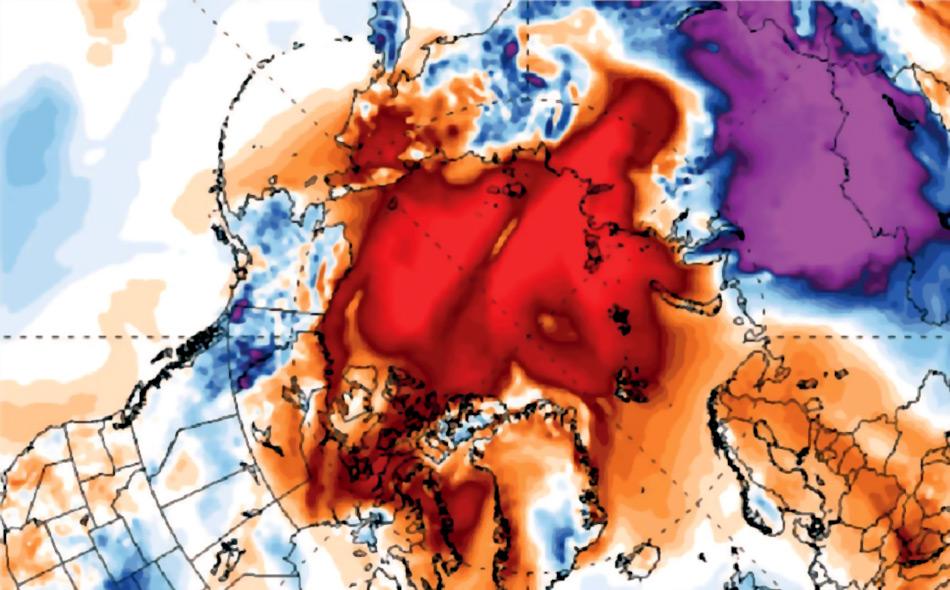 Diese Karte, die durch Satellitendaten der UniversitÃ¤t Maine erstellt wurde, zeigt die extensive ErwÃ¤rmung in der Arktis zwischen Oktober und Dezember 2016. Je mehr rot, desto hÃ¶her die Durchschnittstemperatur. Bild: UniversitÃ¤t Maine