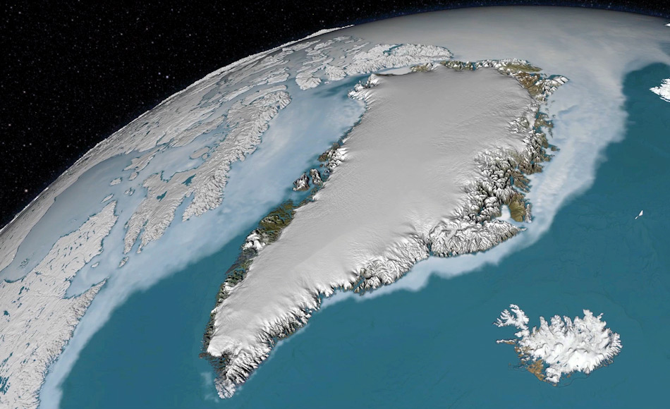 Der grönländische Eisschild ist der zweitgrösste der Welt. Nur kleine Teile entlang der grönländischen Küste sind eisfrei und waren für militärische Zwecke nutzbar. Bild: NASA