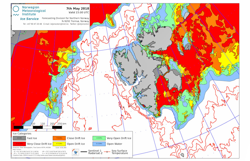 Die Eiskarte aus dem Gebiet um Svalbard zeigt deutlich, dass der nördliche Teil bis zur Ostkante von Nordauslandet am 7. Mai komplett eisfrei war. Der grösste Teil des Eises ist weggeschmolzen oder nach Norden gedriftet. Karte: Norwegian Ice Service