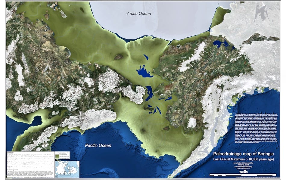 Die von Jeffrey Bond erstellte Karte zeigt eine bis zu 1'000 km breite Landbrücke mit Flüssen und Seen. Viele Bereiche waren wohl zu der Zeit frei von Gletschern, darunter auch Wrangel Island, das damals Teil der Landmasse war. Bild: Jeffrey Bond, Yukon Geological Survey
