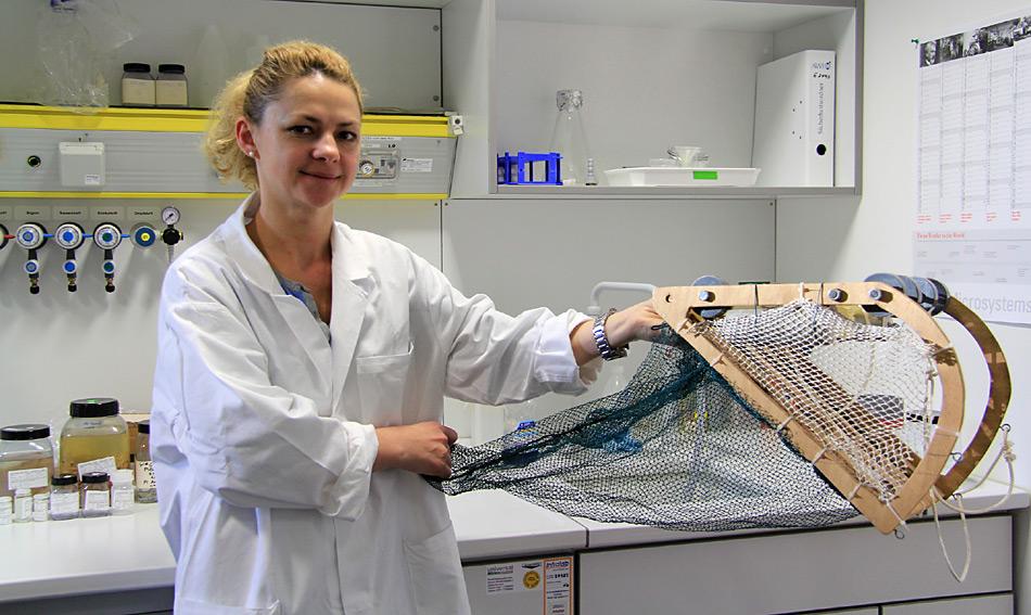Aufnahme aus dem ICEFLUX-Labor am AWI Bremerhaven. Doktorandin Carmen David zeigt ein Modell des Unter-Eis-Netzes SUIT, mit dem die Wissenschaftler ihre Proben fangen. Foto: Sina Löschke, AWI