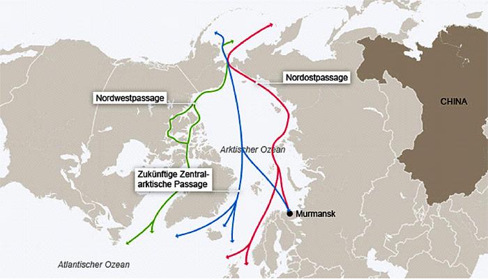 Bis in einigen Jahren dürften zumindest im eisfreien Sommer die Seewege durch die Arktis die Distanzen zwischen China und Europa, bzw. Amerika bis zu 6.400 Kilometer verringern.