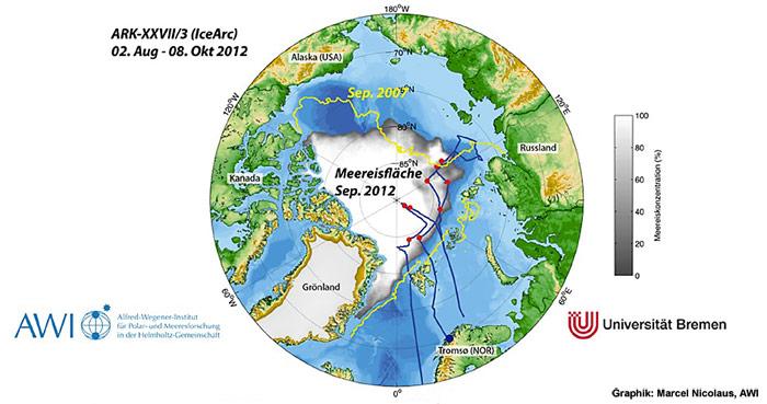 Etwa 12.000 Kilometer hat Polarstern auf der Expedition von Tromsø durch die Arktis bis nach Bremerhaven zurückgelegt. Die Karte zeigt die Ausdehnung des Meereises (in weiss und grau) im September 2012. Nur noch 3,41 Millionen Quadratkilometer waren eisbedeckt - der geringste Wert seit Beginn der Satellitenaufzeichnungen im Jahr 1973. In gelb ist das bisherige Meereisminimum des Jahres 2007 eingezeichnet. 2012 war die Arktis von 18% weniger Eis bedeckt.