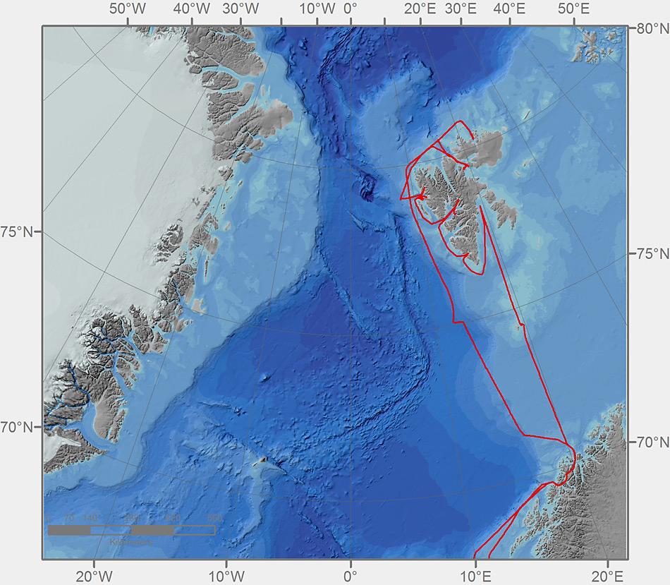 Fahrtroute Heincke-Expedition nach Spitzbergen im August und September 2013.