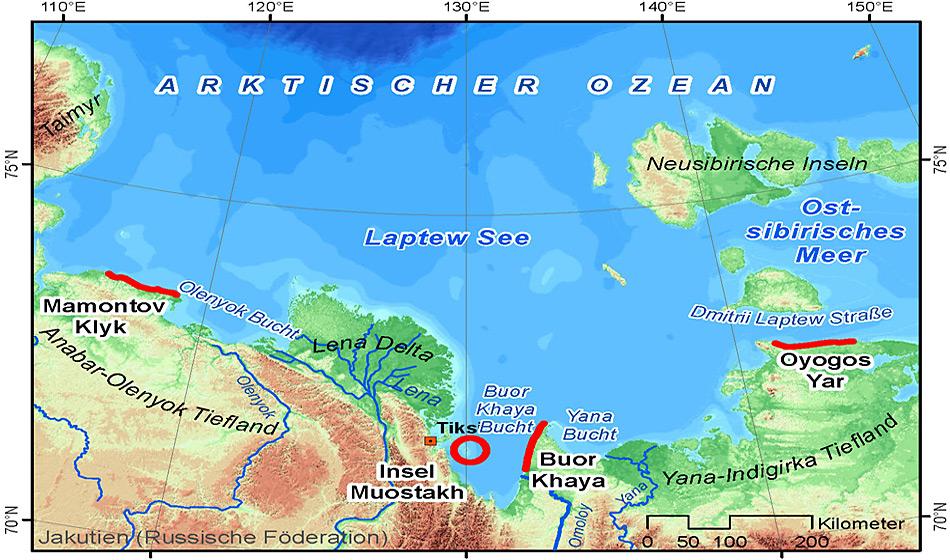 Die Markierungen zeigen die vier weiträumig voneinander entfernten Küstenabschnitte, die in der Region um die Laptew See in Ostsibirien untersucht wurden Abbildung: Frank Günther, AWI