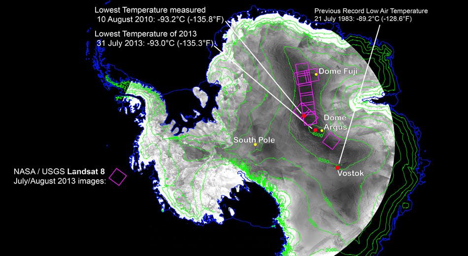 Bisher galten -89,3 Grad Cel. bei der russischen Station Vostok als KÃ¤ltepol. Mit neuster Satellitentechnik wurden noch tiefere Temperaturen gemessen.