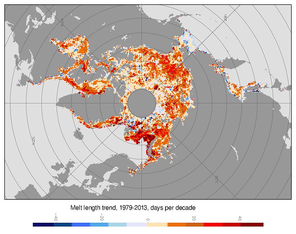 Die Karte zeigt die Veränderungen in der Schmelzsaison der letzten 25 Jahre. Rote Gebiete haben längere Schmelzperioden, blaue Stellen zeigen kürzere Perioden. © Julienne Stroeve