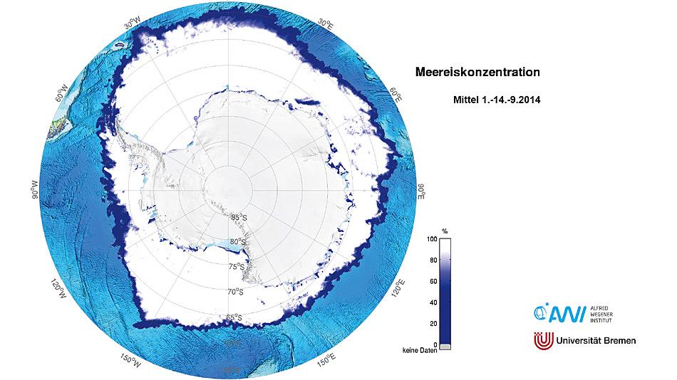Diese Karte zeigt die antarktische Meereiskonzentration, gemittelt aus den Tageswerten der ersten Septemberhälfte des Jahres 2014 (1.-14. September 2014). Karte: Alfred-Wegener-Institut/Universität Bremen