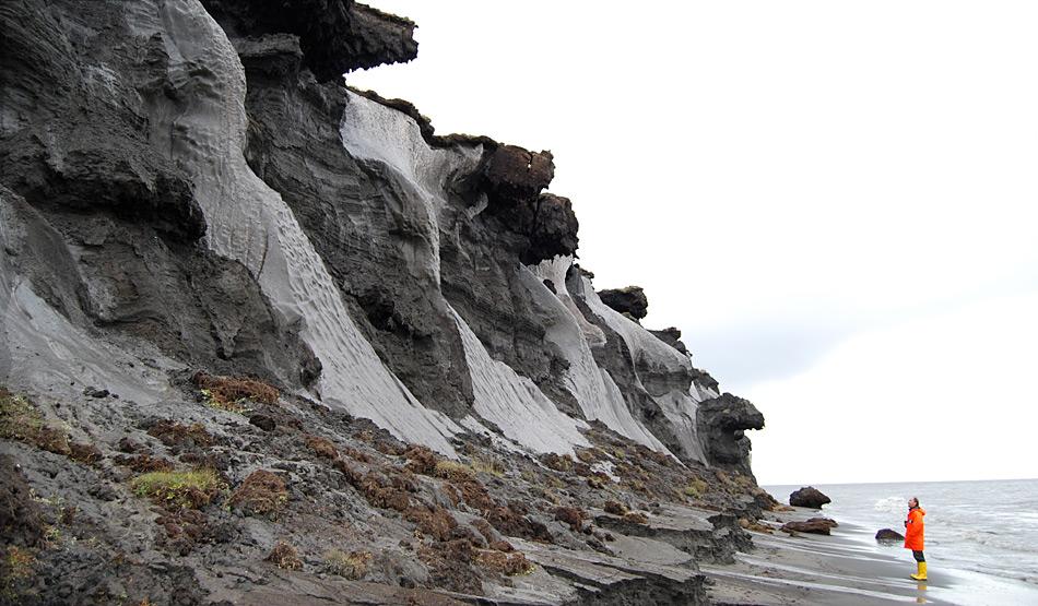 Bilder von der erodierenden SteilkÃ¼ste der kleinen, russischen Insel Muostakh -Ã¶stlich der Hafenstadt Tikisi gelegen. Auf diesem Bild lÃ¤sst sich erahnen, warum man in den Anfangszeiten der Permafrostforschung vermutete, es befÃ¤nden sich keine Eiskeile, sondern ganz Gletscher im Untergrund. Foto: Thomas Opel, AWI