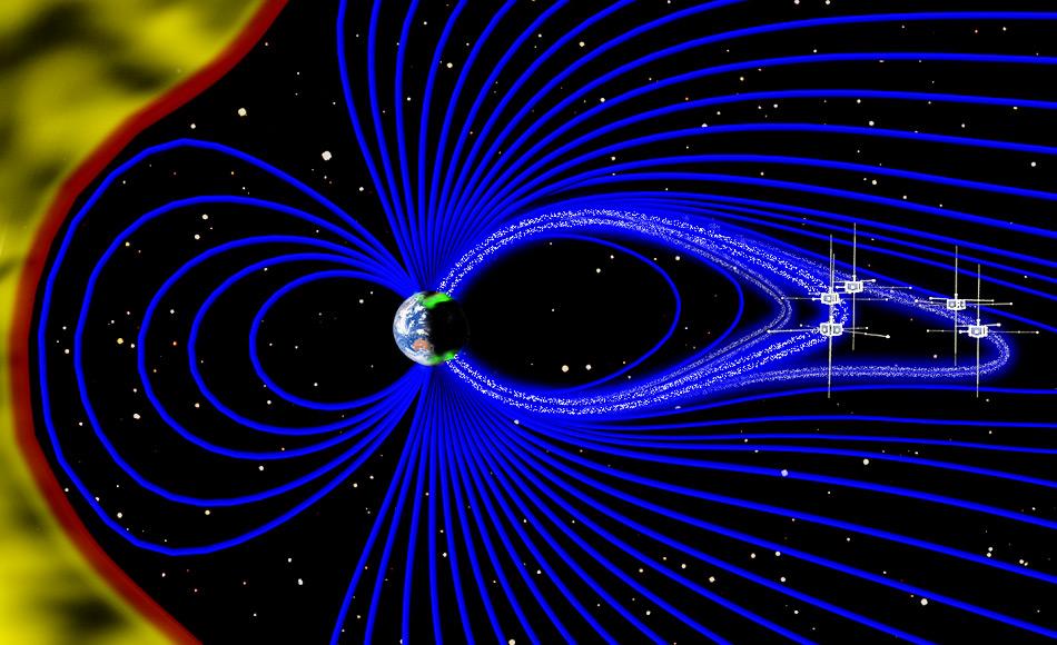 Bild eines Querschnitts der Magnetosphäre, mit dem Sonnenwind auf der linken Seite in Gelb und den magnetischen Feldlinien ausgehend von der Erde in Blau. In diesem instabilen Umfeld, strömen Elektronen im erdnahen Weltraum, als weisse Punkte dargestellt, schnell nach unten den magnetischen Feldlinien entlang in Richtung Pole und bilden die Auroren. Bild: Emmanuel Masongsong / UCLA EPSS / NASA