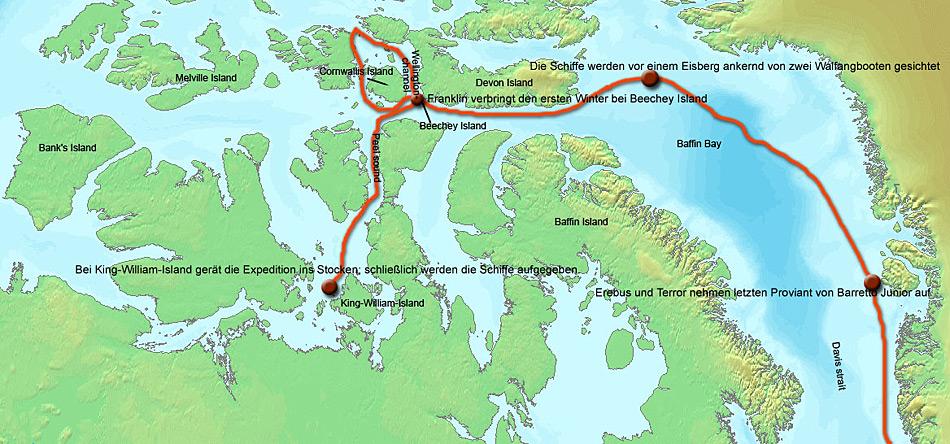 Hier sind die markanten Punkte der Franklin-Expedition aufgezeichnet, welche bei King William Island ein tragisches Ende nahm.