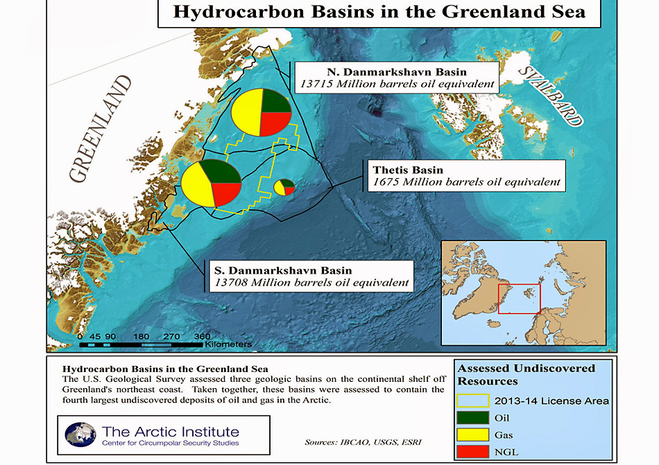 Karte der Framstrasse mit den Mengen der vermuteten Erdöl- (grün), Erdgas (gelb) und Flüssiggasstätten (rot)