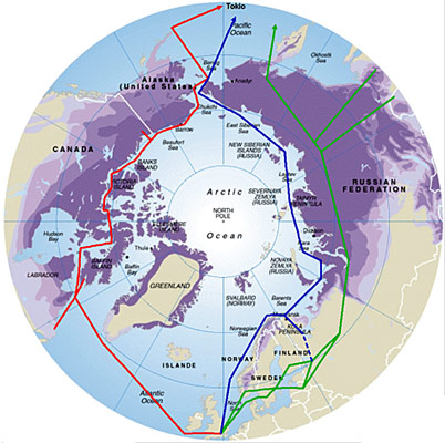 Während «Arctic Fibre» und «Arctic-Link» (rot) durch die Nordwest-Passage laufen, führt das russische Seekabel «Rotax» (blau) durch die Nordost-Passage