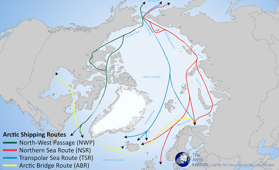 Den Arktischen Ozean zu durchfahren kann man nicht nur auf der klassischen Nordmeerroute entlang der russischen Küste, sondern auch über den Nordpol und die Nordwestpassage. Doch trotz Klimawandel sind diese Routen immer noch kosten- und zeitintensiv. Bild: The Arctic Institute